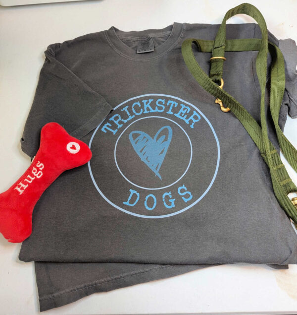 Darker Grey Short Sleeve shirt with trickster dogs in a circle and a heart in the middle all in teal.
